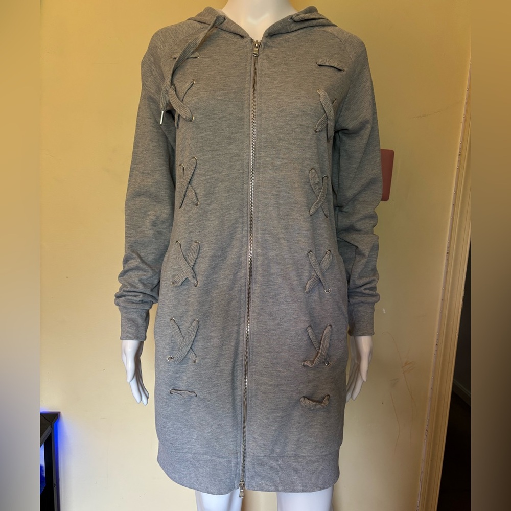 Gray Dress Hoodie with Lace-Up Details